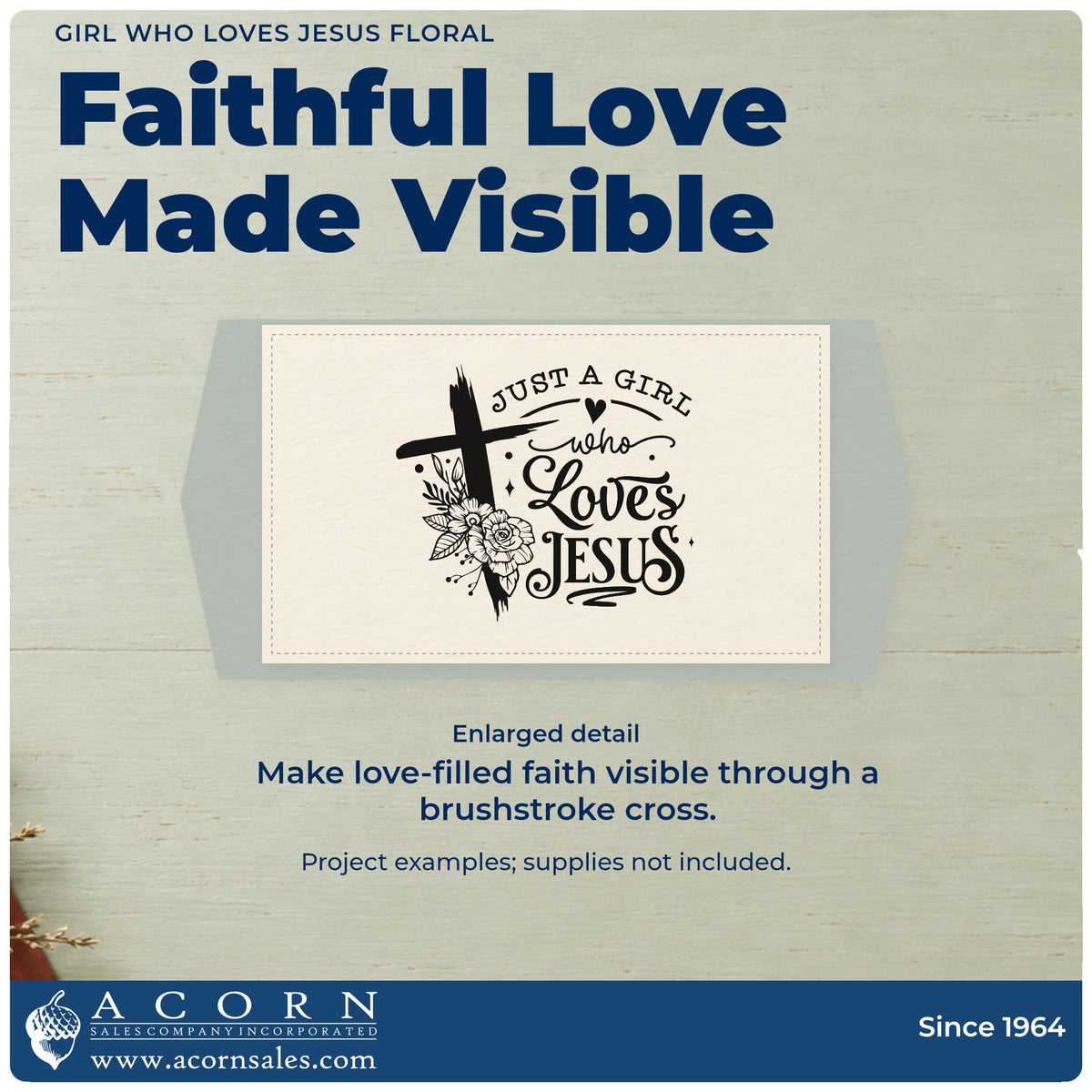 Enlarged detail of the Just A Girl Who Loves Jesus Brushstroke Cross Wood-Mounted Rubber Stamp imprint. A brushstroke cross and outlined flowers accompany "Just a girl who loves Jesus."