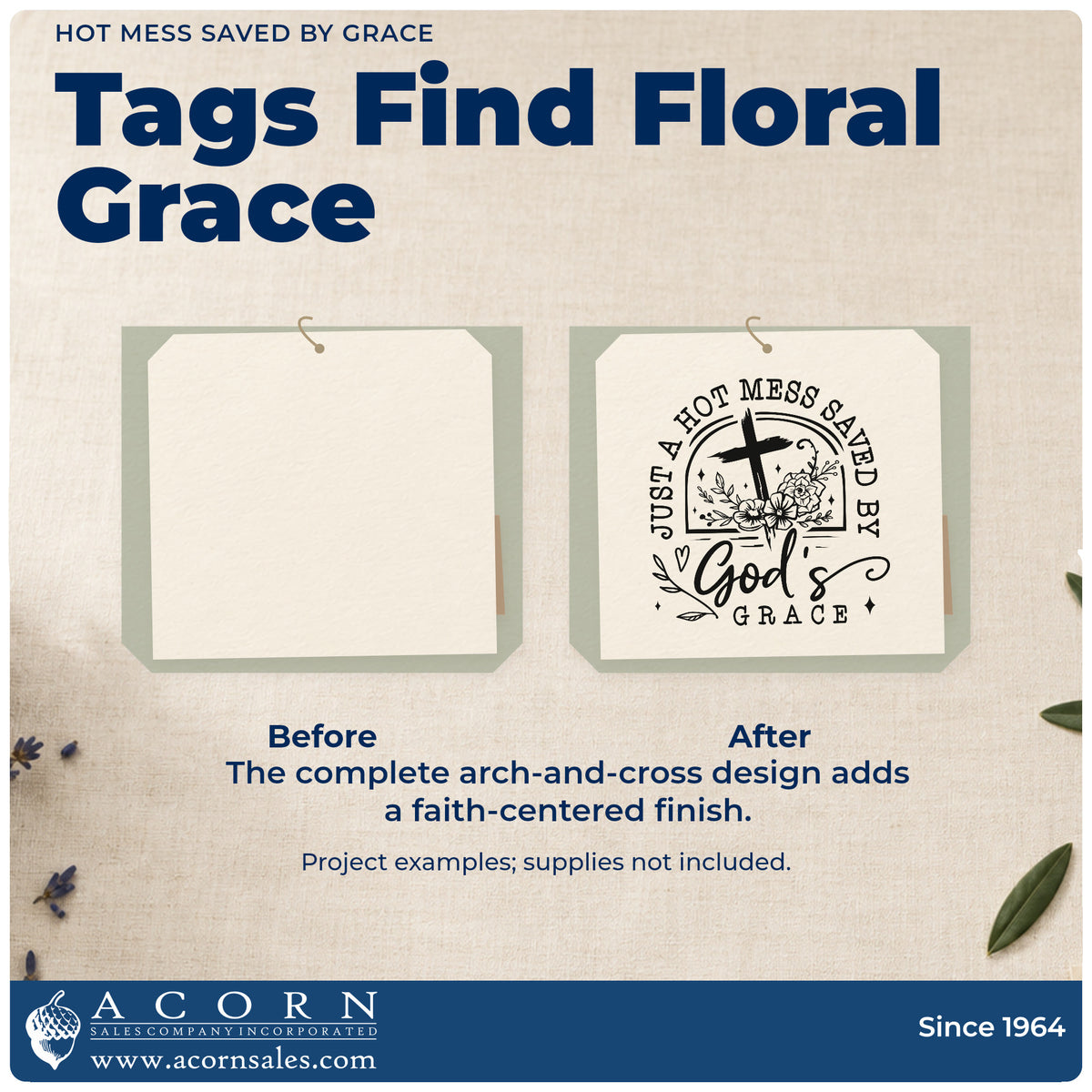 Before and after of a plain item finished with the Just A Hot Mess Saved By God's Grace Stamp – Duo Hand, a quick upgrade for craft fair banners.