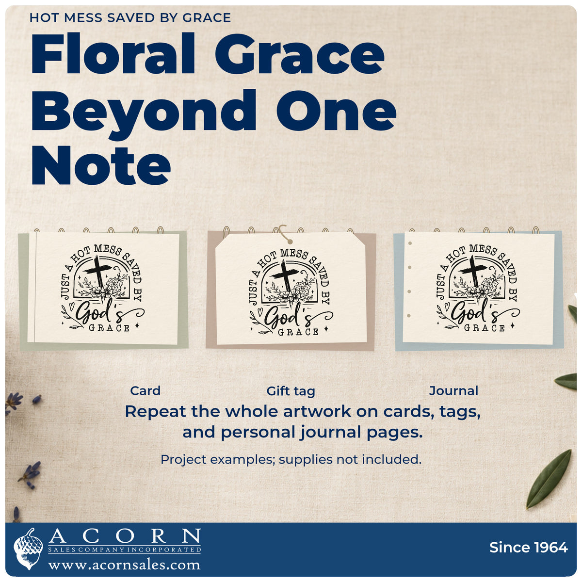 Three project examples made with the Just A Hot Mess Saved By God's Grace Slim Pre-Inked Stamp, including coffee mug boxes.