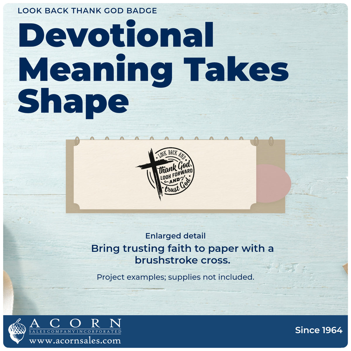 Enlarged detail of the Look Back Thank God Emblem Hand Stamp – Duo imprint. A brushstroke cross overlaps a circular "Look back and thank God, look forward and trust God" design.