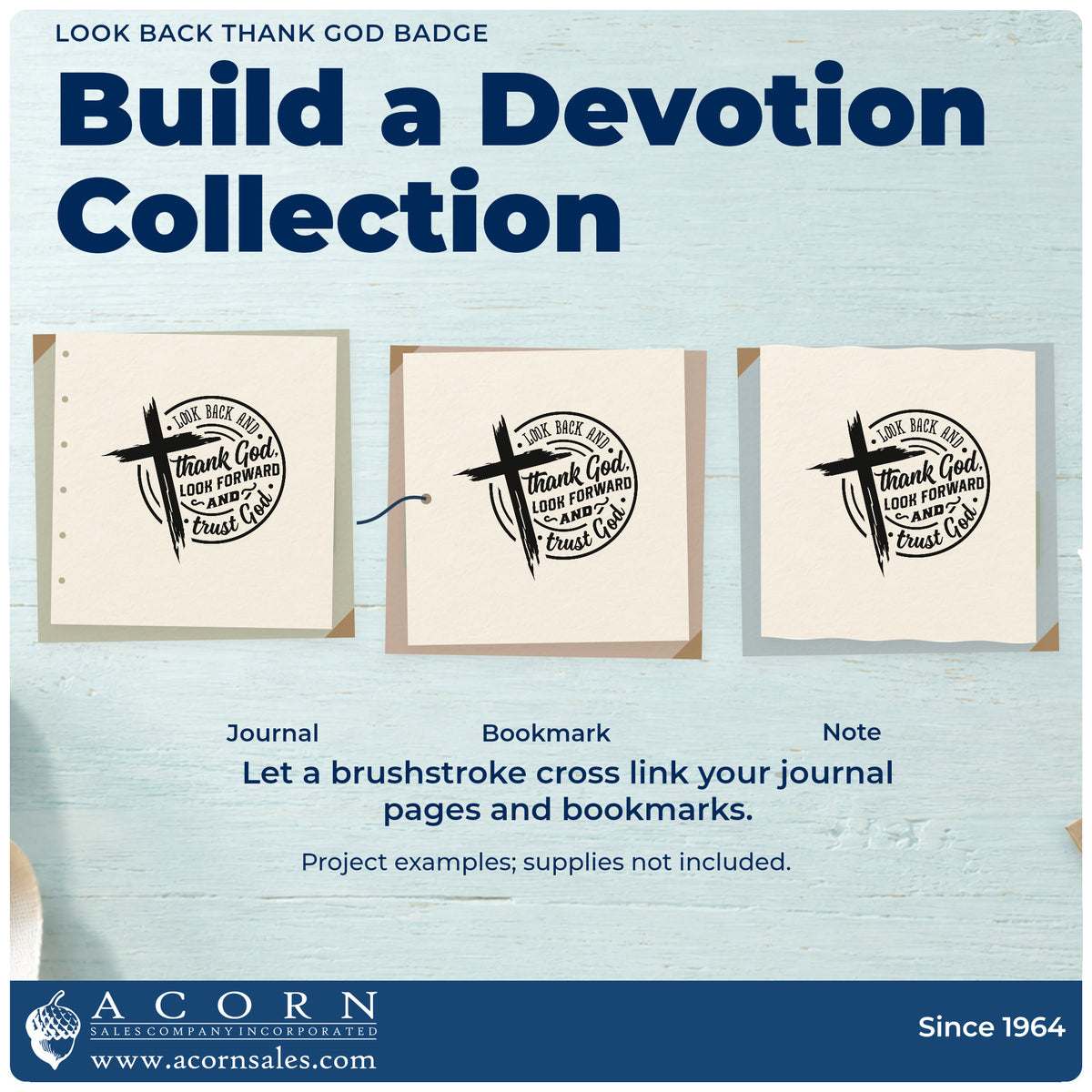 Three project examples made with the Look Back Thank God Emblem PSI Pre-Inked Stamp, including retirement programs.