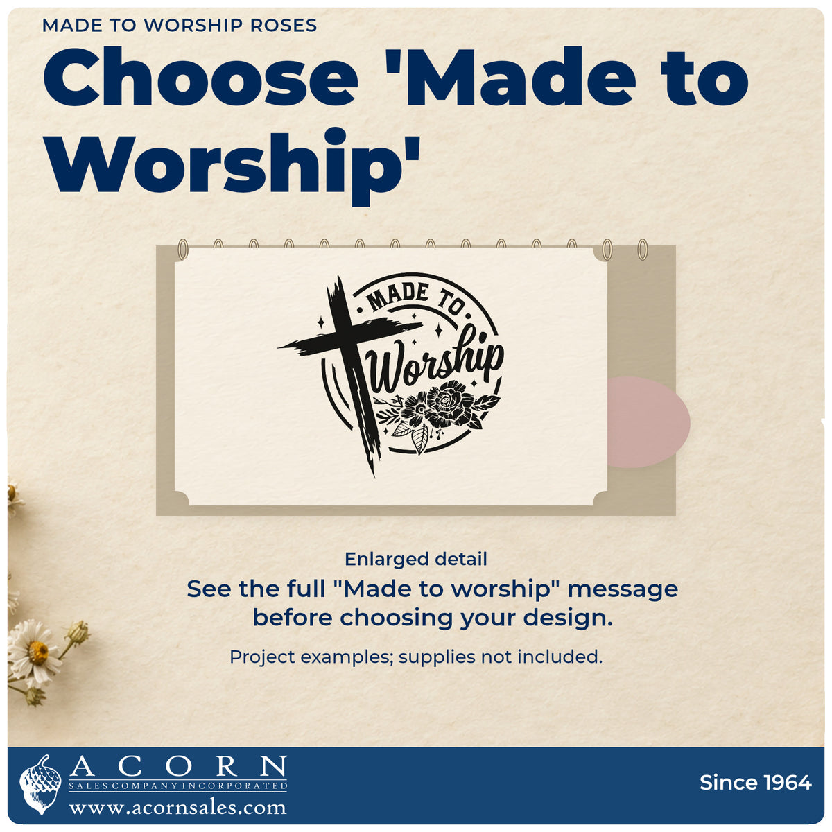Enlarged detail of the Made To Worship Roses Brushstroke Cross Hand Stamp – Duo imprint. A brushstroke cross and dark roses accent a round "Made to worship" design.