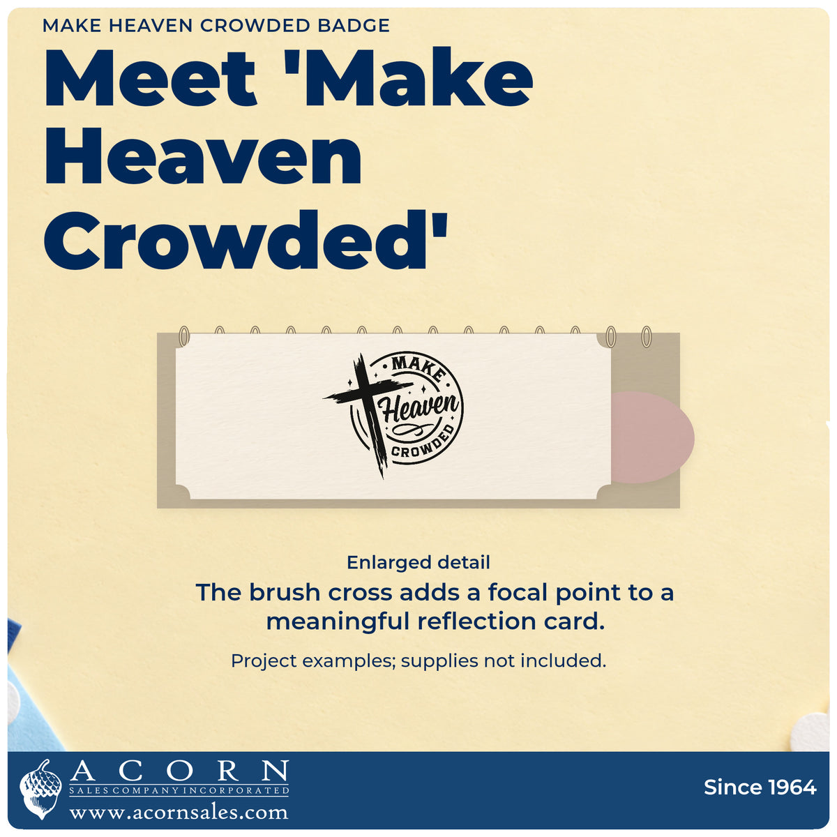 Enlarged detail of the Make Heaven Crowded Badge Rubber Stamp – Duo Hand imprint. A brushstroke cross overlaps a circular "Make heaven crowded" design.
