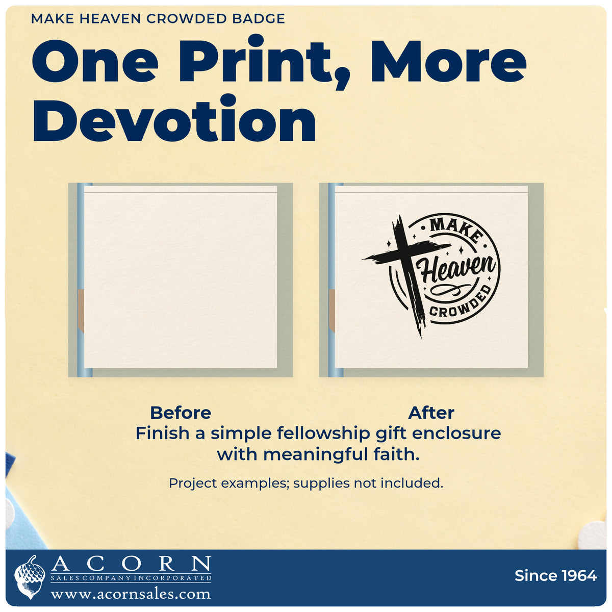 Before and after of a plain item finished with the Make Heaven Crowded Badge Compact Pre-Inked Stamp – Slim, a quick upgrade for camp counselor caps.