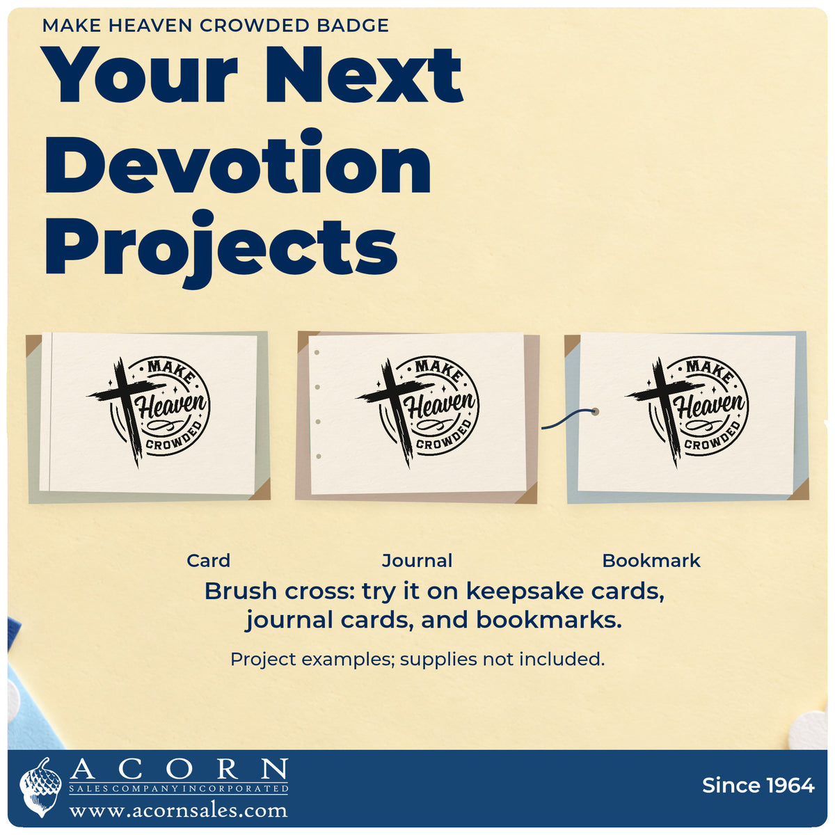 Three project examples made with the Make Heaven Crowded Badge Stamp – Wood Handle, including prayer list pages.