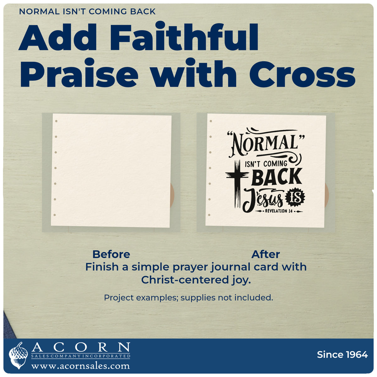 Before and after of a plain item finished with the Normal Isn't Coming Back, Jesus Is Wood Handle Stamp, a quick upgrade for election season notes.
