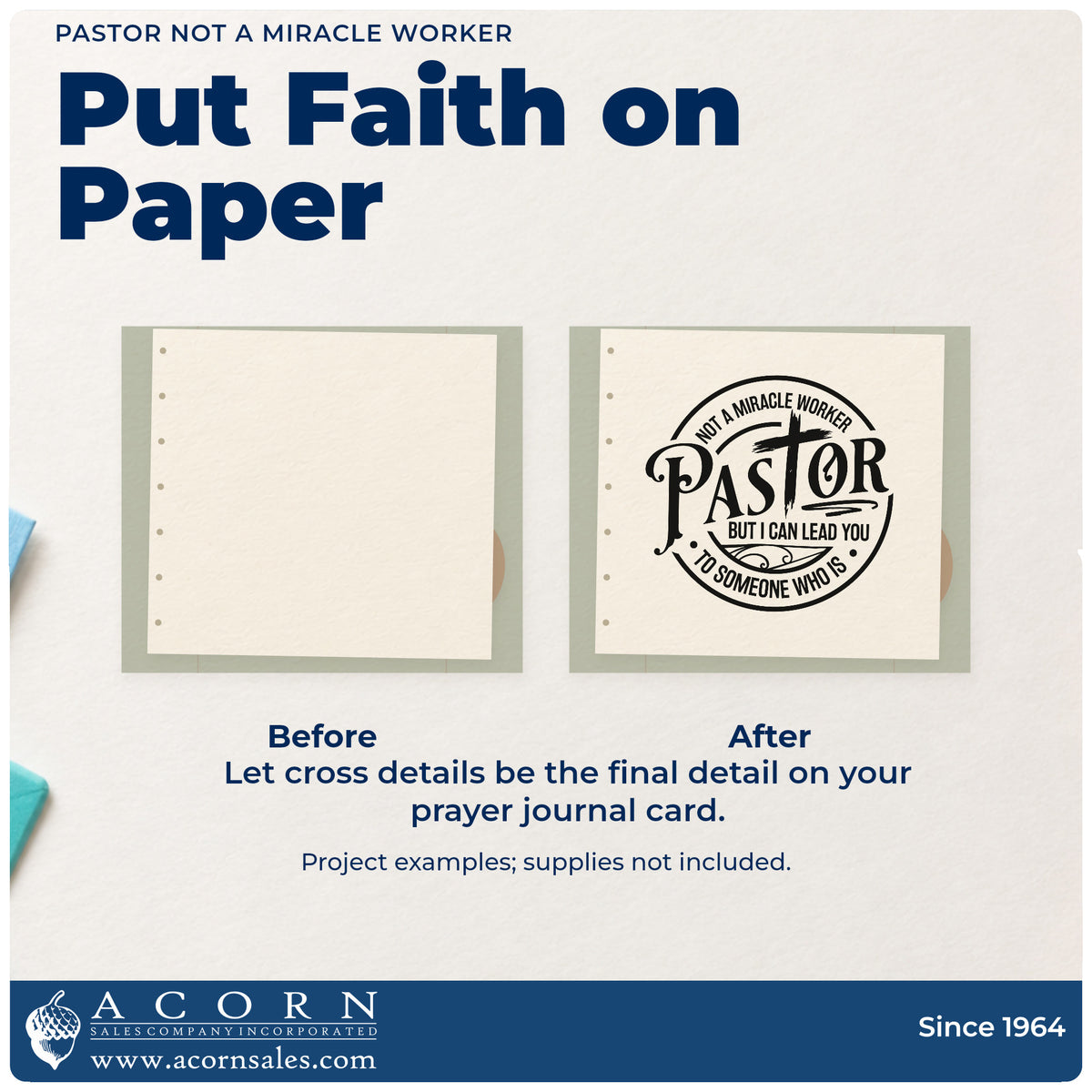 Before and after of a plain item finished with the Pastor Not A Miracle Worker With Cross Premium Wooden Stamp - Vintage Pro, a quick upgrade for coffee mug bands.