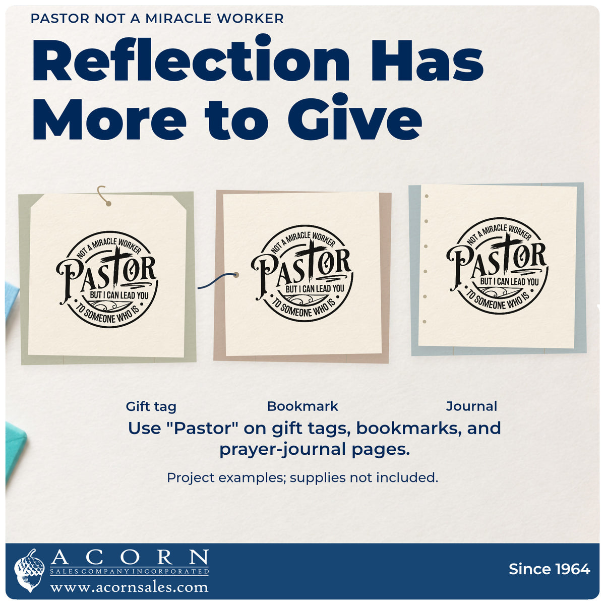 Three project examples made with the Pastor Not A Miracle Worker With Cross Self-Inking Stamp, including study door signs.