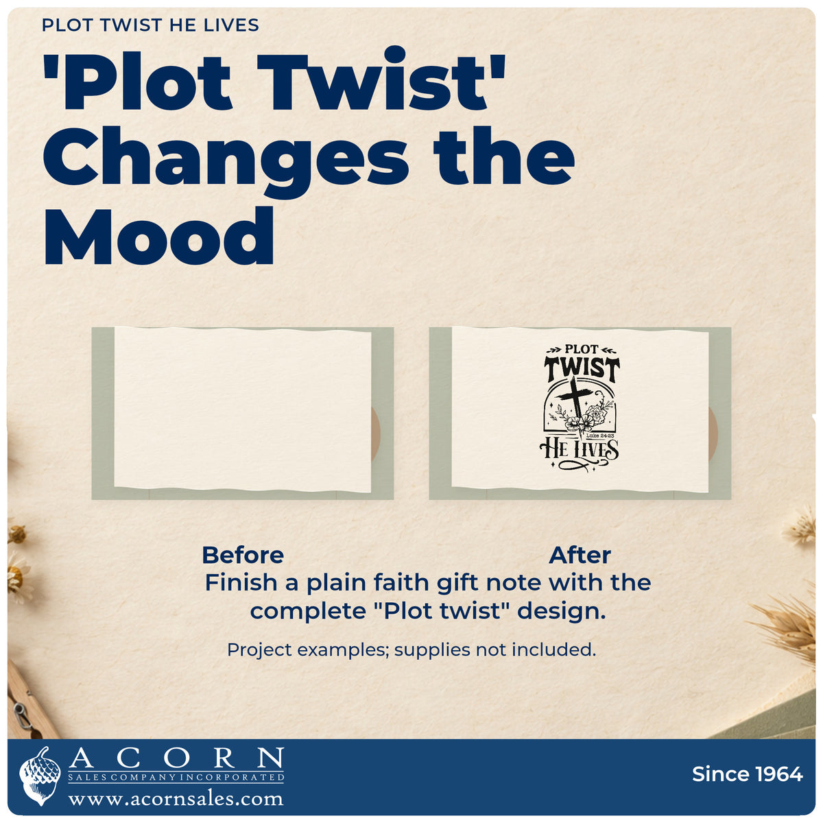 Before and after of a plain item finished with the Plot Twist He Lives With Cross Stamp - Premium Vintage Pro Wooden, a quick upgrade for second chance notes.