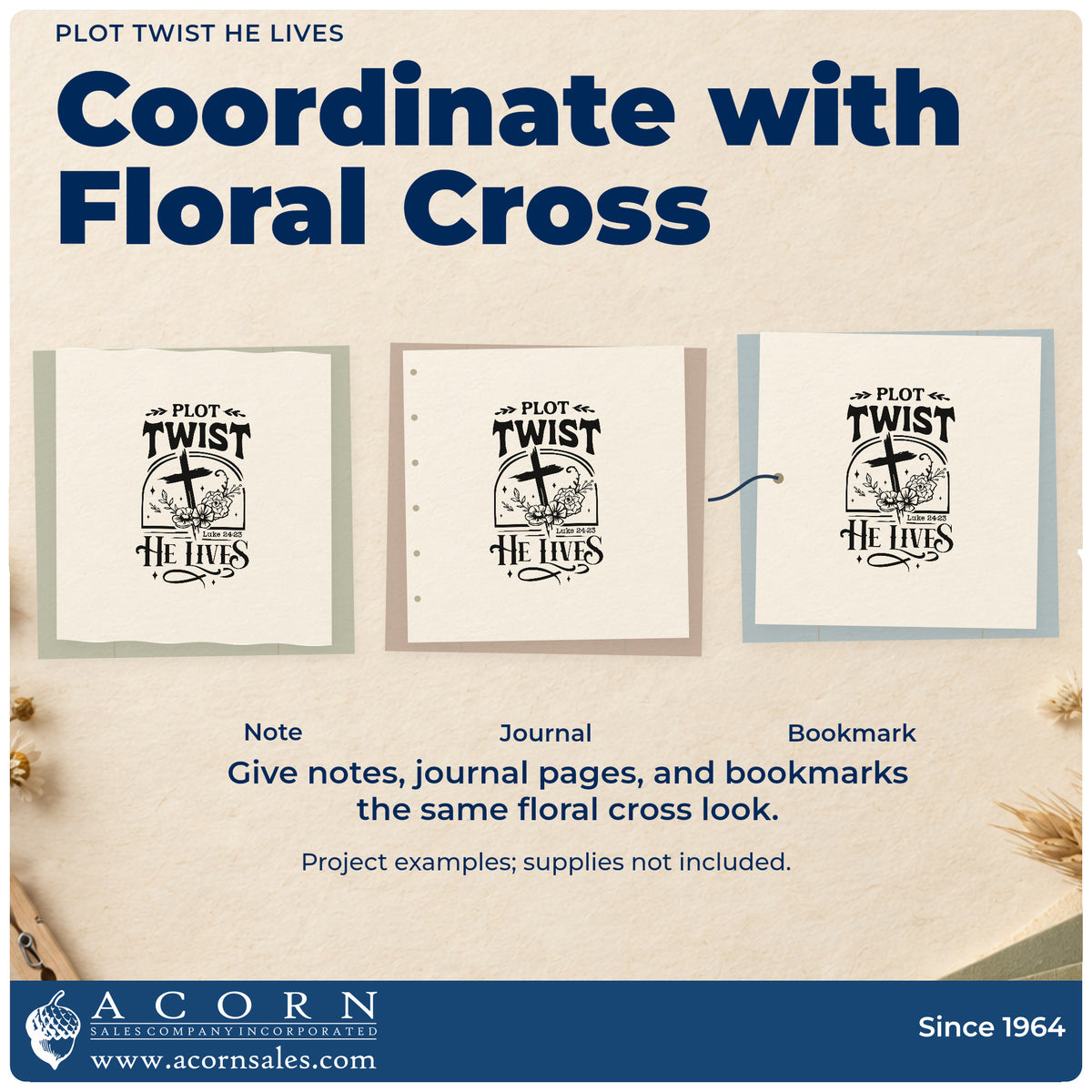 Three project examples made with the Plot Twist He Lives With Cross Stamp - Premium Vintage Pro Wooden, including empty tomb crafts.