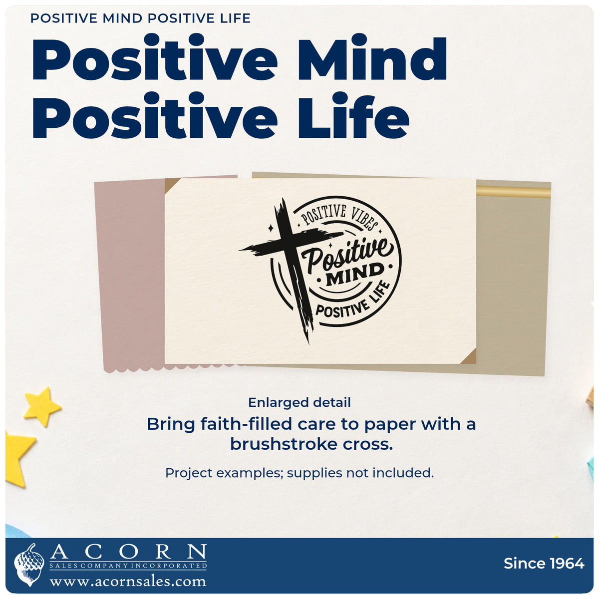 Enlarged detail of the Duo Hand Positive Vibes, Positive Mind, Positive Life Rubber Stamp imprint. A brushstroke cross overlaps a circular design reading "Positive vibes, positive mind, positive life."