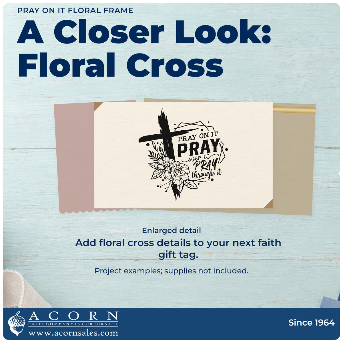 Enlarged detail of the Pray On It Floral Frame Premium Wooden Stamp - Vintage Pro imprint. A cross, outlined flowers, and geometric frame accompany "Pray on it, pray over it, pray through it."