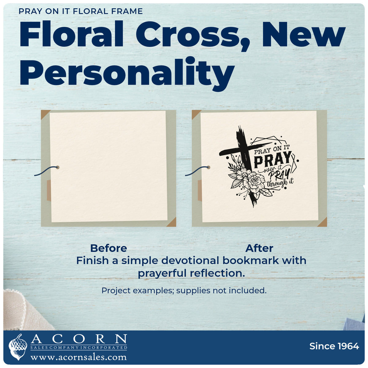 Before and after of a plain item finished with the Pray On It Floral Frame Premium Wooden Stamp - Vintage Pro, a quick upgrade for candle shelf labels.
