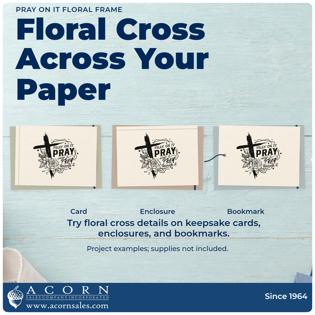 Three project examples made with the Pray On It Floral Frame Slim Pre-Inked Stamp, including bookmark sets.
