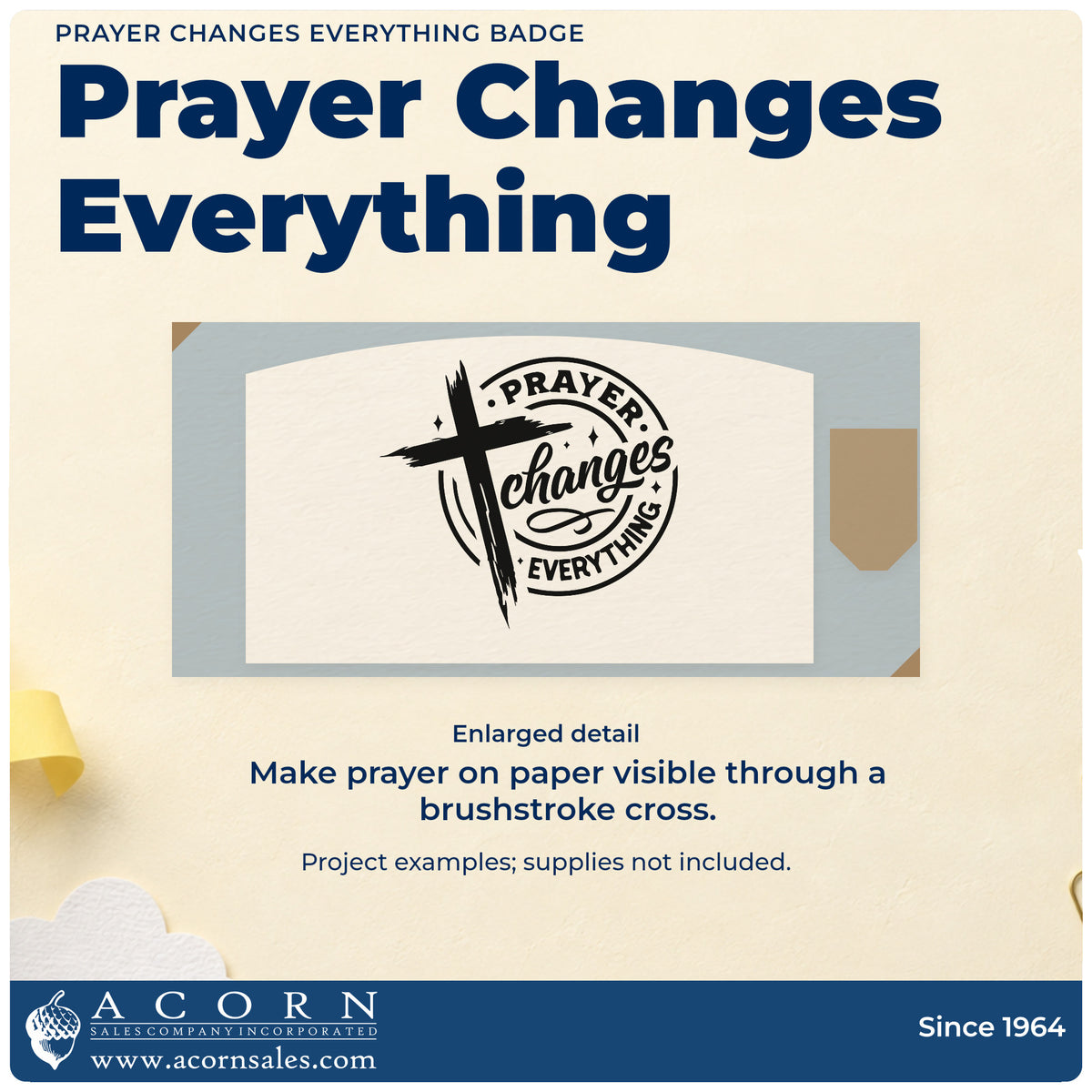Enlarged detail of the Prayer Changes Everything Duo Hand Stamp imprint. A brushstroke cross overlaps a circular "Prayer changes everything" design.