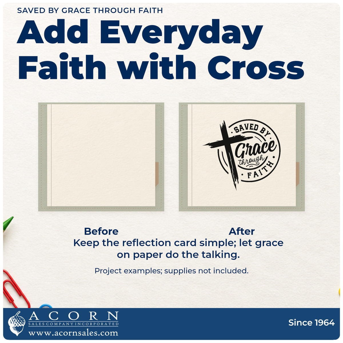 Before and after of a plain item finished with the Saved By Grace Through Faith Stamp – Duo Hand, a quick upgrade for communion cup labels.