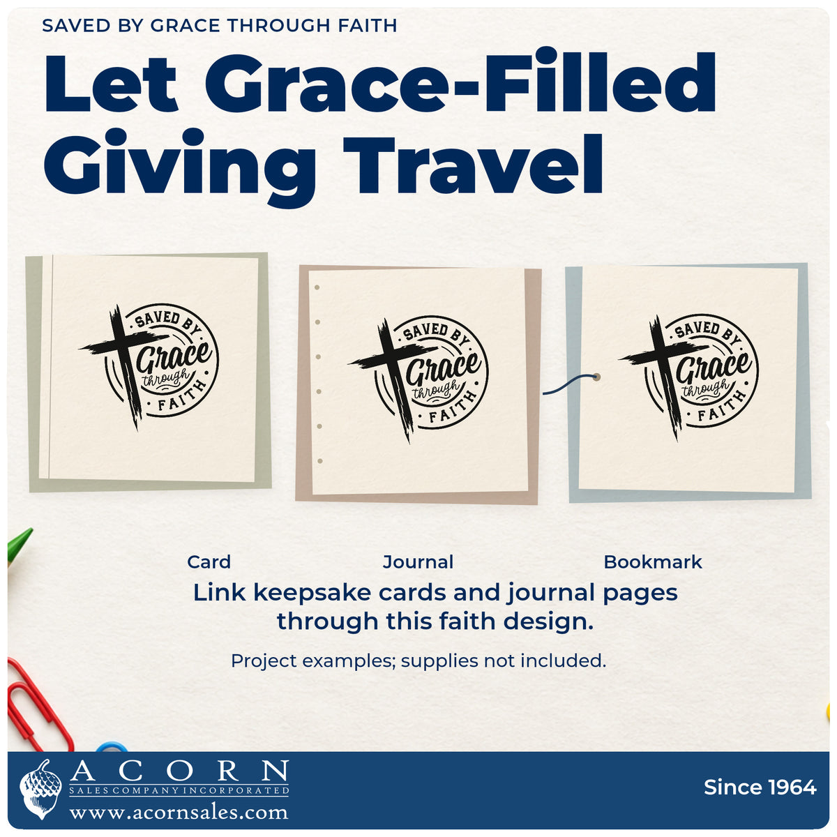 Three project examples made with the Saved By Grace Through Faith Premium Wood-Mounted Stamp - Vintage Pro, including testimony bookmarks.