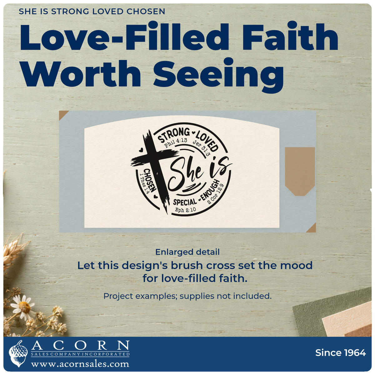 Enlarged detail of the She Is Strong Loved Chosen Brushstroke Cross Stamp – Self-Inking imprint. A brushstroke cross overlaps a "She is" badge bordered by "Strong," "Loved," "Chosen," "Special," and "Enough," with Phil 4:13, Jer 31:3, 1 Thes 1:4, Eph 2:10, and 2 Cor 12:9.