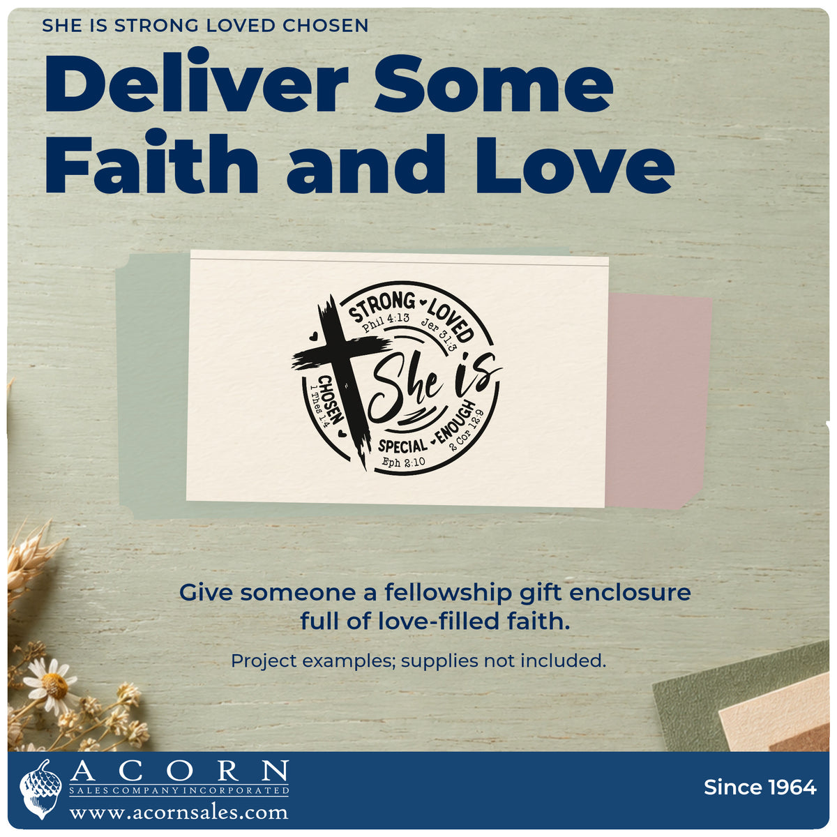 A finished handmade project stamped with the She Is Strong Loved Chosen Brushstroke Cross PSI Pre-Inked Stamp, ideal for women's retreat tags.