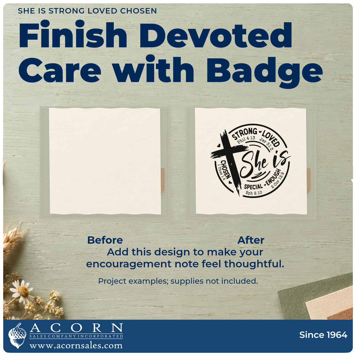 Before and after of a plain item finished with the She Is Strong Loved Chosen Brushstroke Cross Pre-Inked Stamp – Slim, a quick upgrade for bible tab labels.