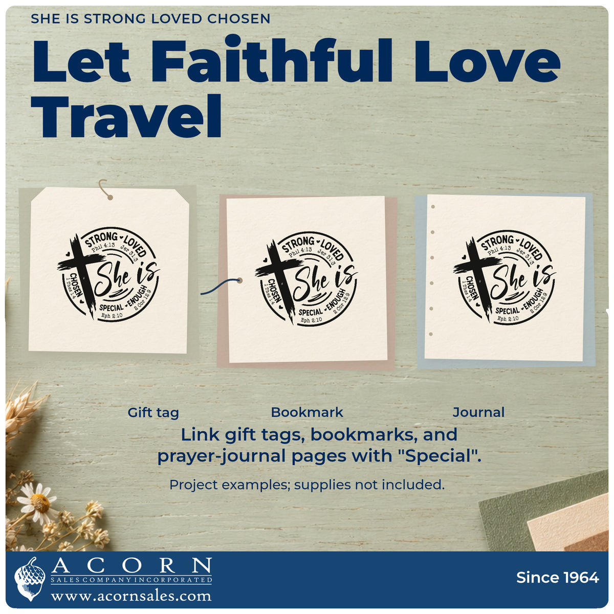 Three project examples made with the She Is Strong Loved Chosen Brushstroke Cross Pre-Inked Stamp – Slim, including daughter photo pages.