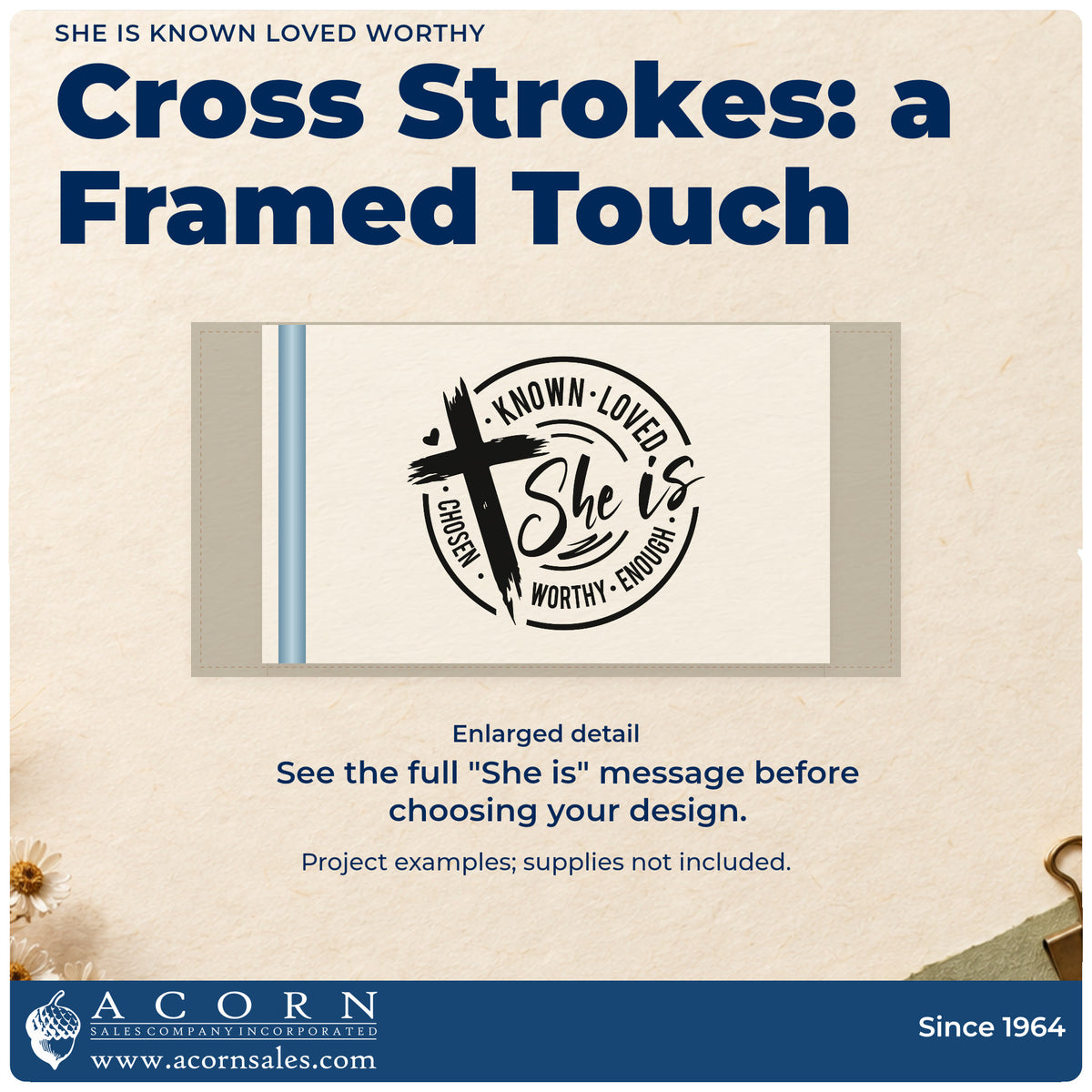 Enlarged detail of the Duo Hand She Is Known Loved Worthy Rubber Stamp imprint. A brushstroke cross overlaps a "She is" badge bordered by "Known," "Loved," "Chosen," "Worthy," and "Enough."