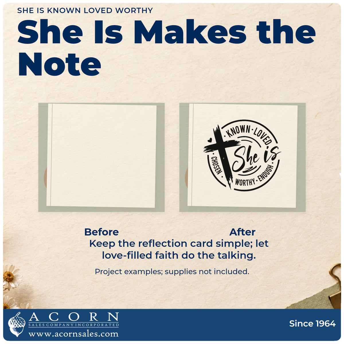 Before and after of a plain item finished with the She Is Known Loved Worthy Self-Inking Stamp, a quick upgrade for locker mirror labels.