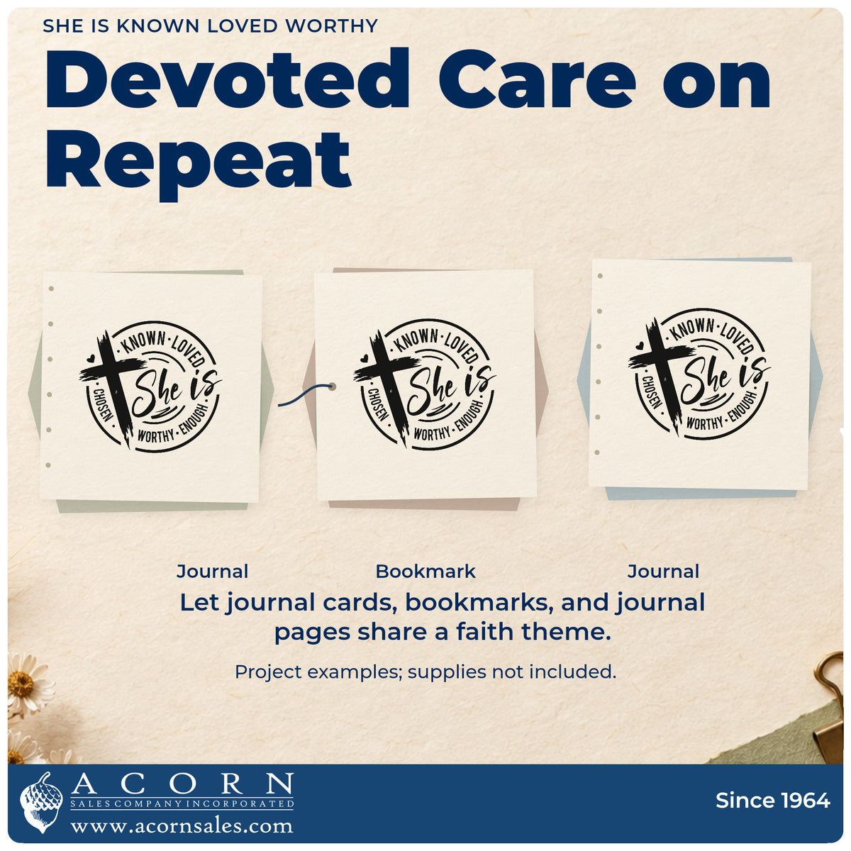 Three project examples made with the She Is Known Loved Worthy Stamp – PSI Pre-Inked, including charm bracelet cards.