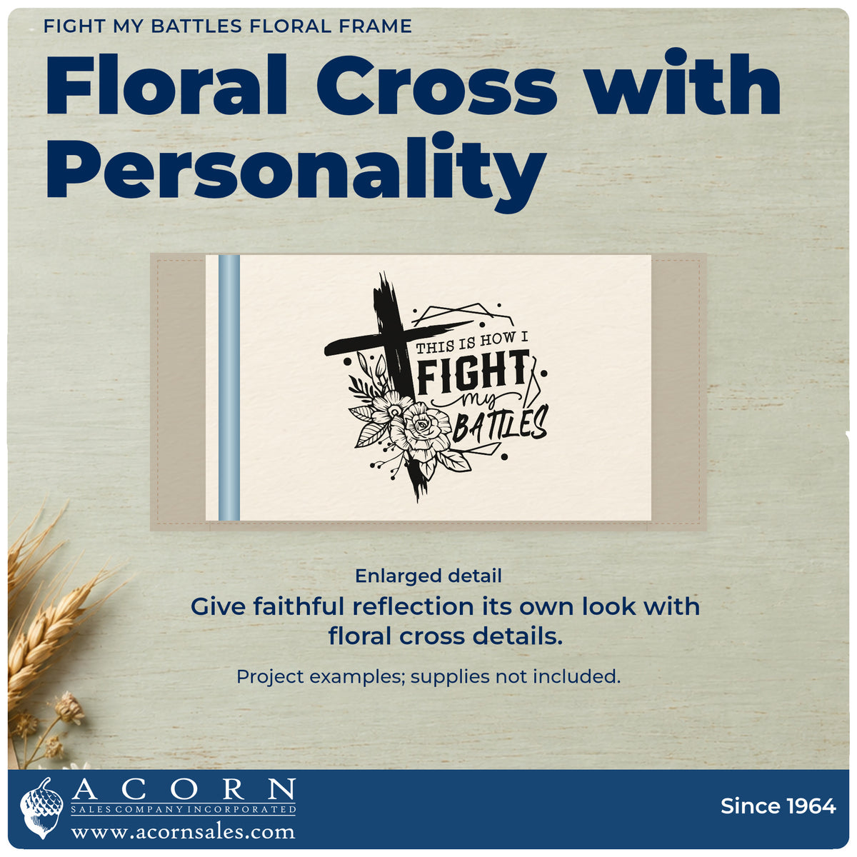 Enlarged detail of the This Is How I Fight My Battles Wood Handle Stamp imprint. A brushstroke cross, outlined flowers, and geometric frame accompany "This is how I fight my battles."