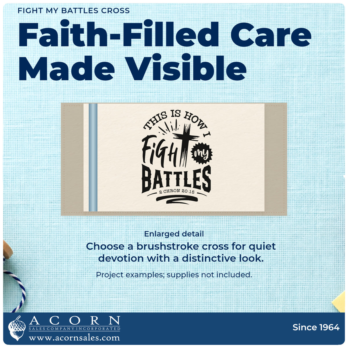Enlarged detail of the Fight My Battles Cross Pre-Inked Stamp – Slim imprint. A brushstroke cross forms part of "This is how I fight my battles," with 2 Chronicles 20:15.
