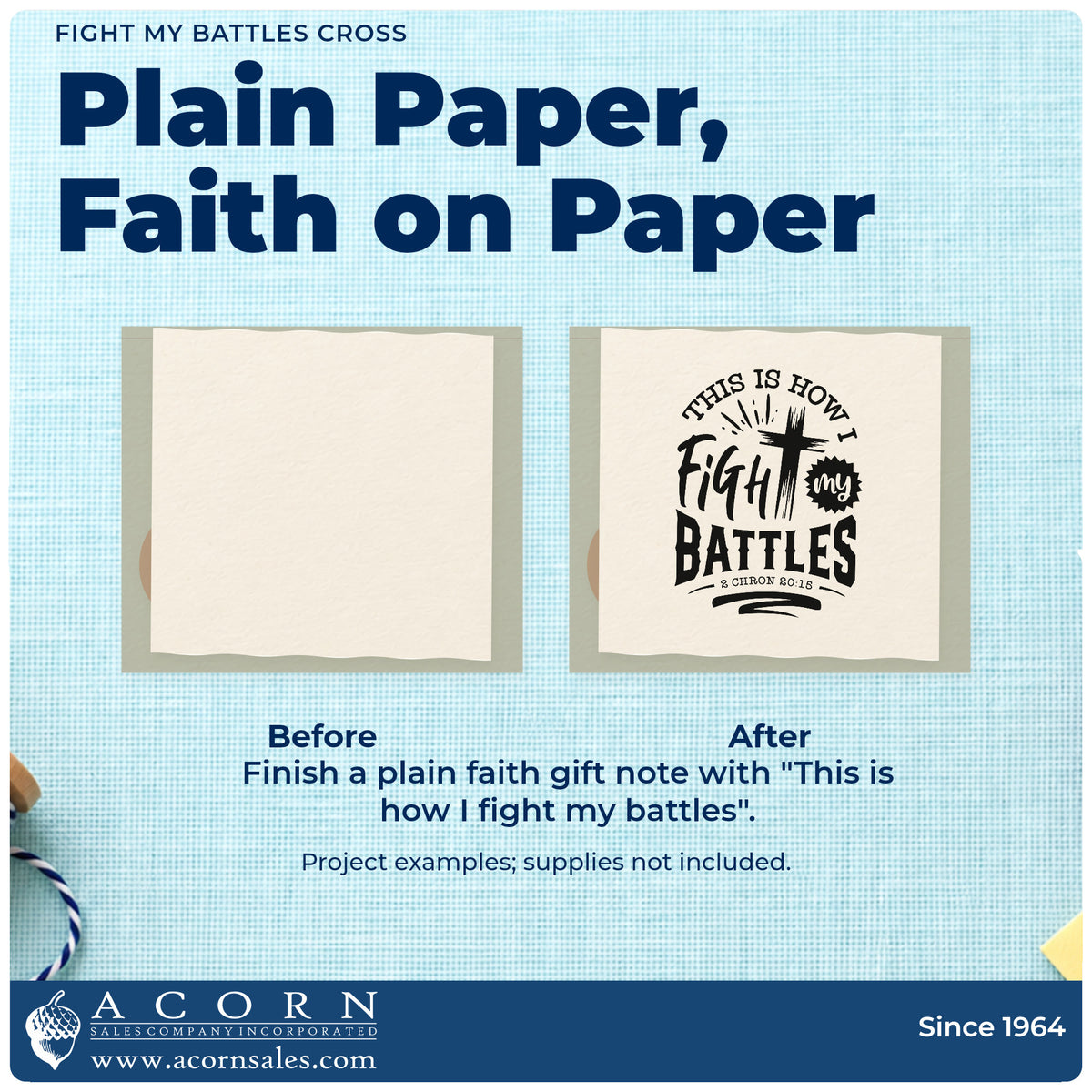 Before and after of a plain item finished with the Fight My Battles Cross Pre-Inked Stamp – Slim, a quick upgrade for gym chalk bag bands.