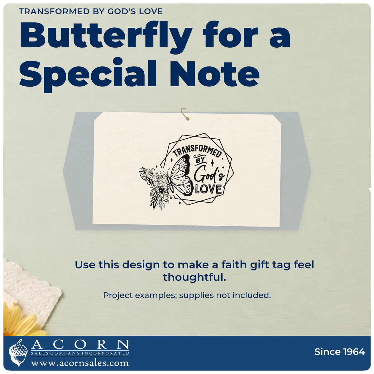 A finished handmade project stamped with the PSI Pre-Inked Transformed By God's Love Butterfly Stamp, ideal for rebirth gift tags.