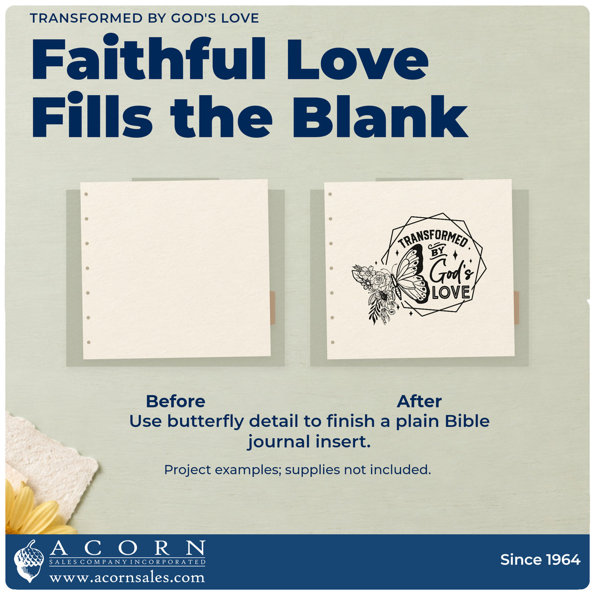 Before and after of a plain item finished with the Transformed By God's Love Butterfly Rubber Stamp – Wood Handle, a quick upgrade for release ceremony labels.