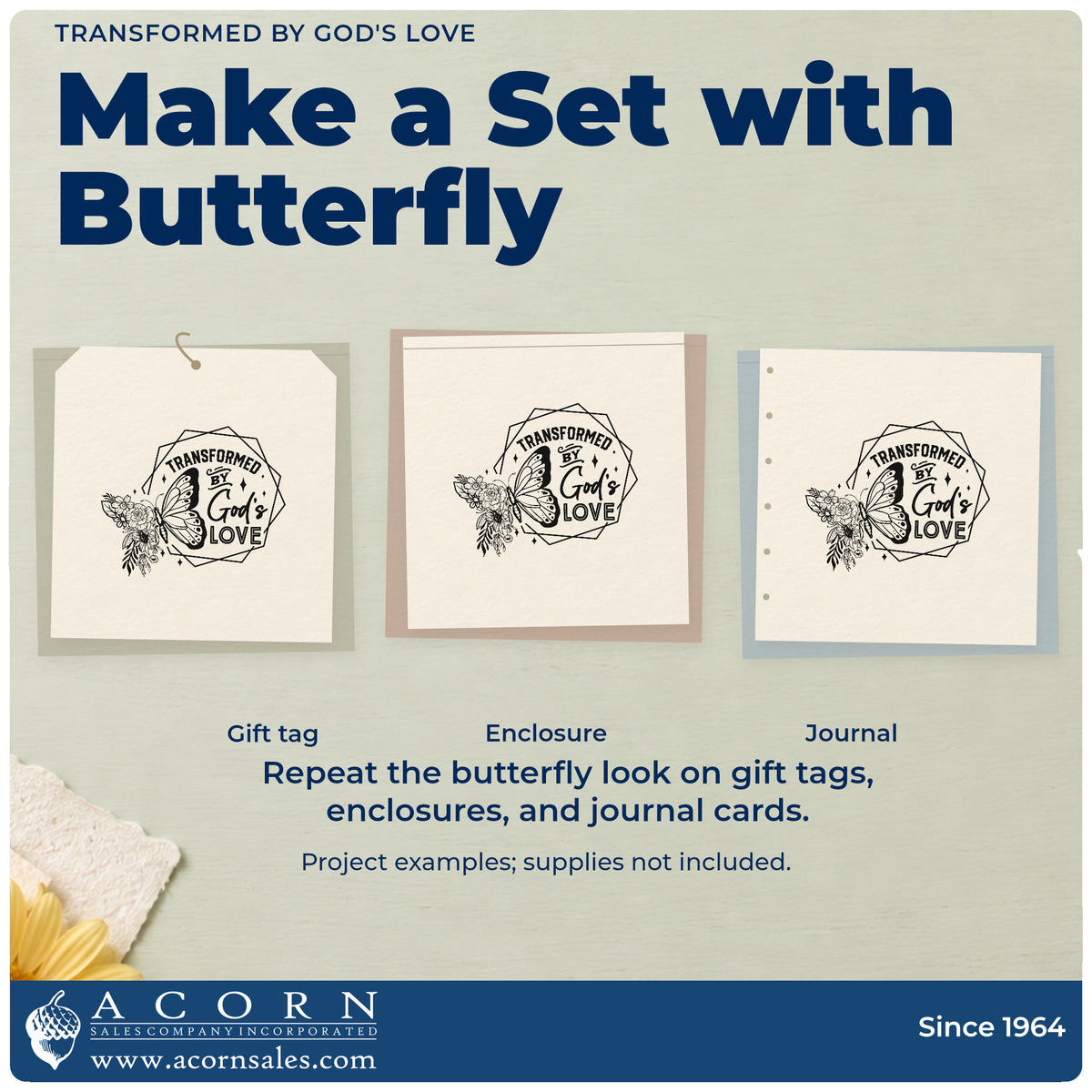 Three project examples made with the Transformed By God's Love Butterfly Rubber Stamp – Wood Handle, including cocoon craft kits.