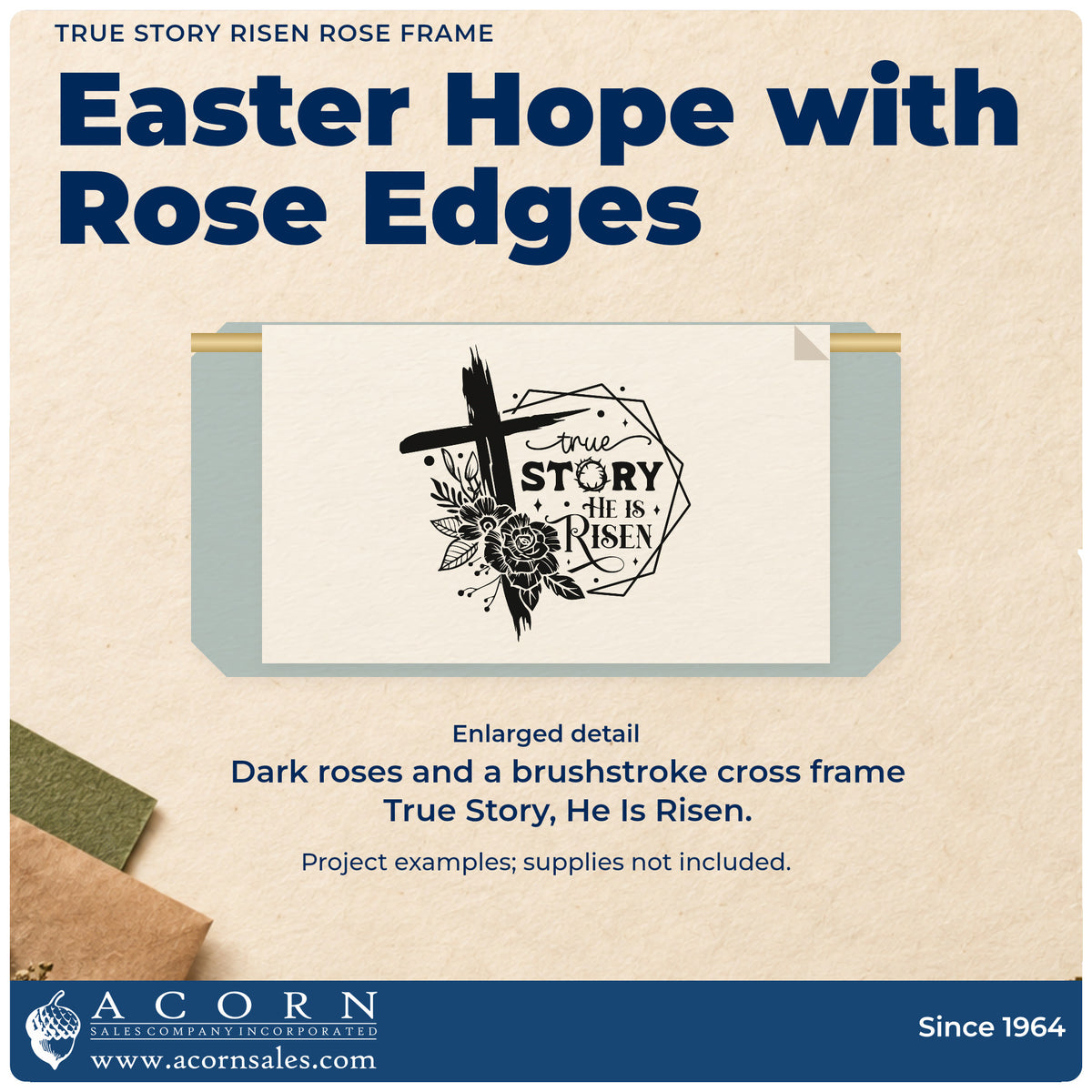 Enlarged detail of the Slim Pre-Inked True Story Risen Rose Frame Stamp imprint. A brushstroke cross and dark roses overlap a geometric frame reading "True story, he is risen."