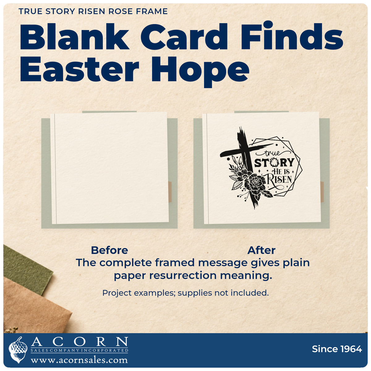 Before and after of a plain item finished with the True Story Risen Rose Frame Pre-Inked Stamp – PSI, a quick upgrade for bakery bread bands.