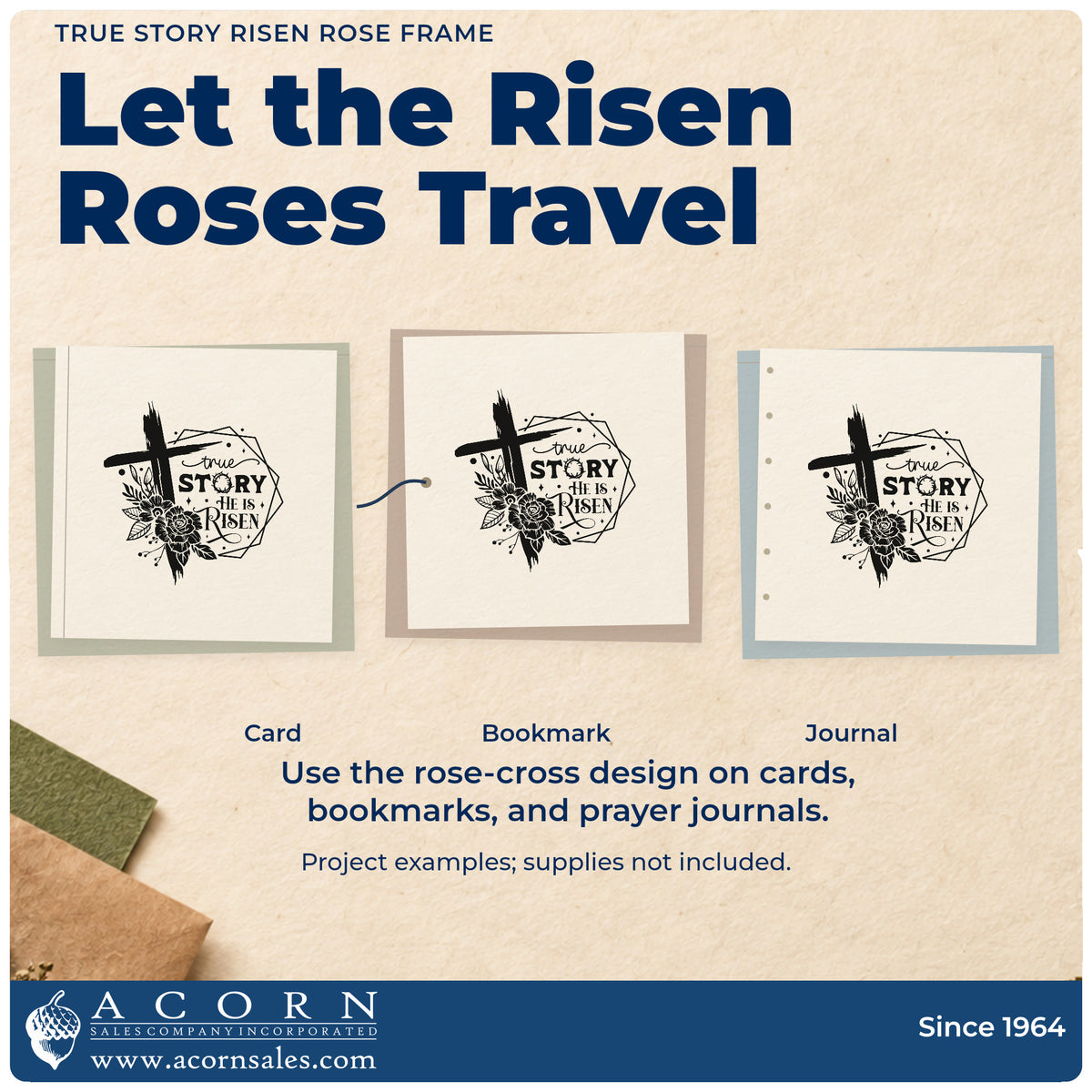 Three project examples made with the True Story Risen Rose Frame Rubber Stamp – Duo Hand, including resurrection bookmarks.