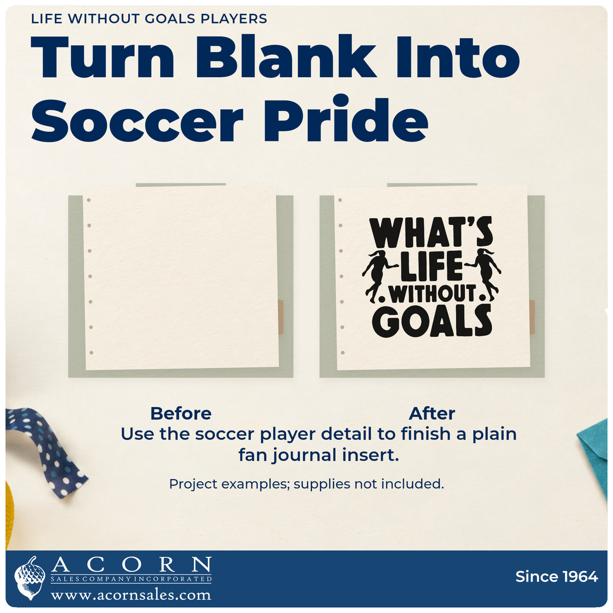 Before and after of a plain item finished with the Life Without Goals Players Lettering PSI Pre-Inked Stamp, a quick upgrade for goal-setting journals.