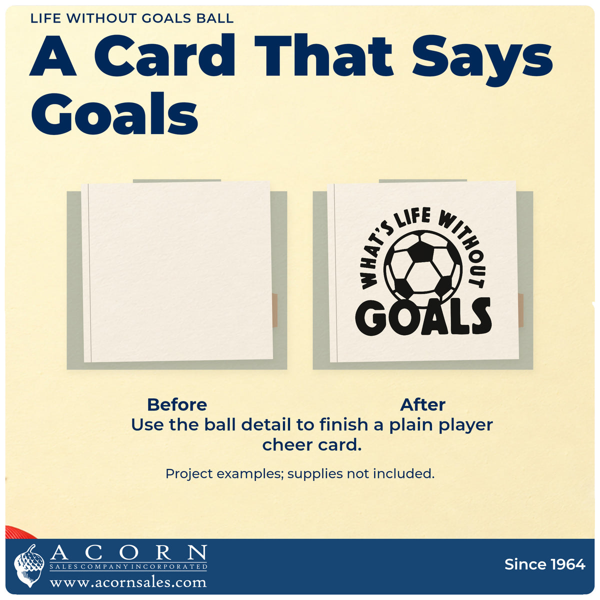 Before and after of a plain item finished with the Life Without Goals Ball Stamp – Duo Hand, a quick upgrade for fundraiser can labels.