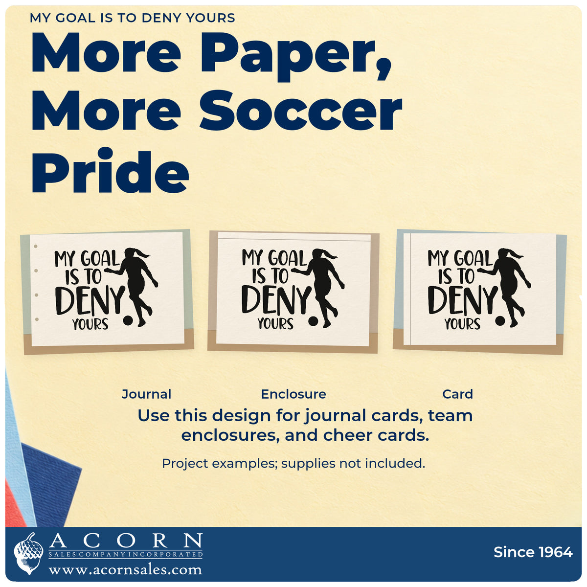 Three project examples made with the Vintage Pro Deny Your Goal Soccer Lettering Premium Wooden Stamp, including defender award cards.