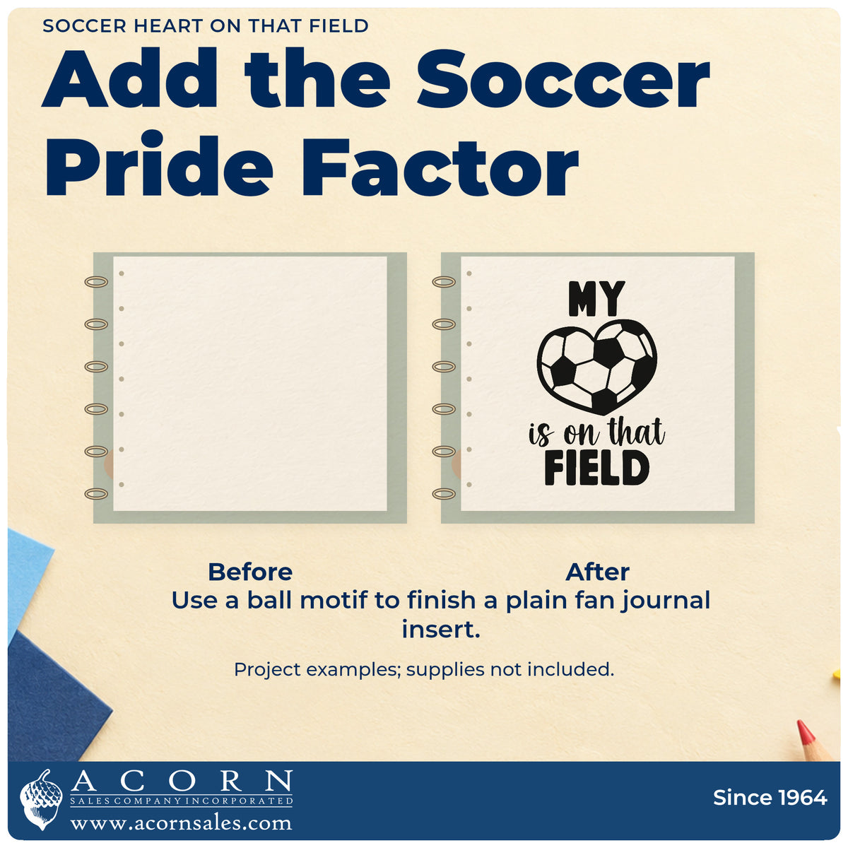 Before and after of a plain item finished with the Soccer Heart On That Field Slim Pre-Inked Stamp, a quick upgrade for scholarship announcement.