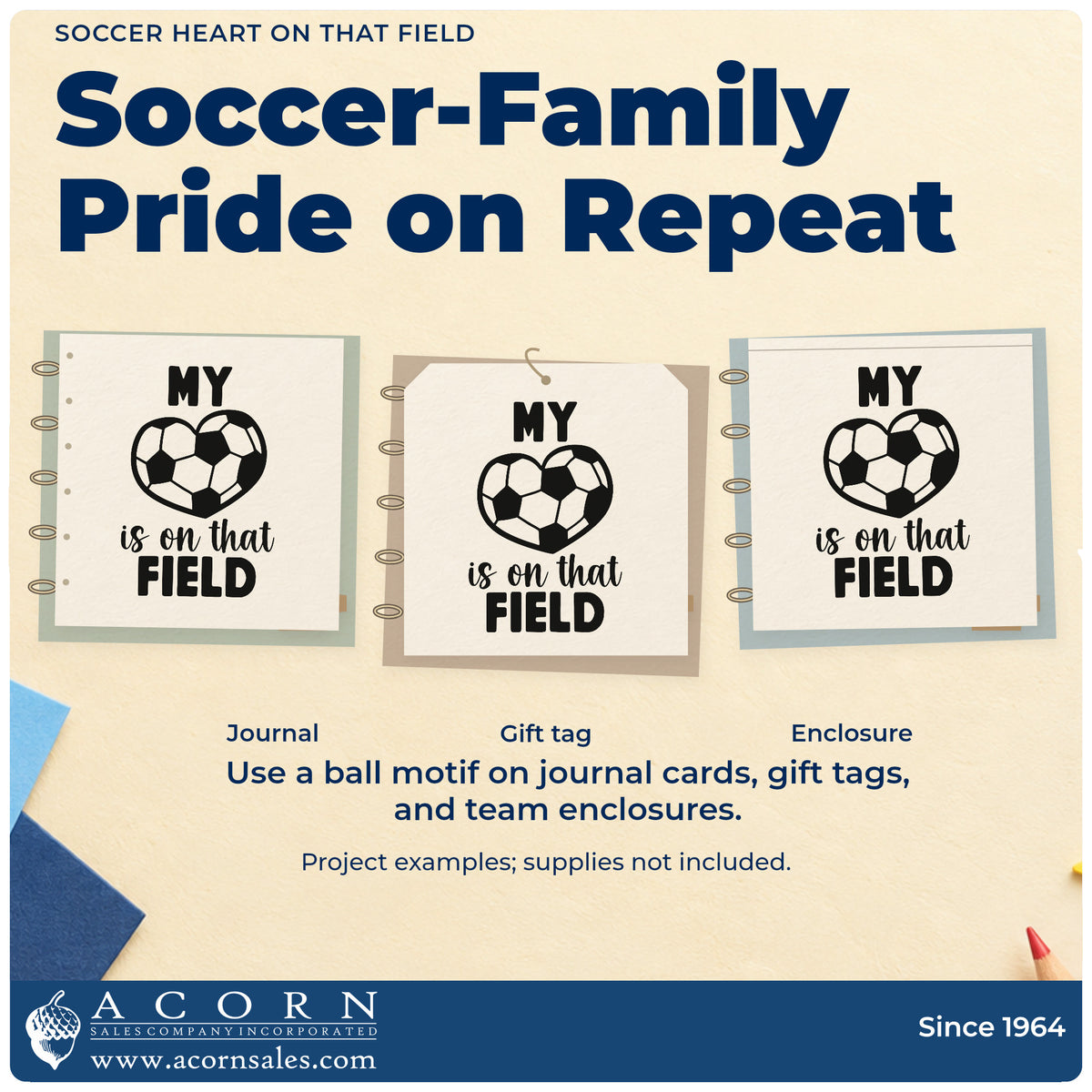 Three project examples made with the Soccer Heart On That Field Rubber Stamp – Wood Handle, including keepsake ball labels.