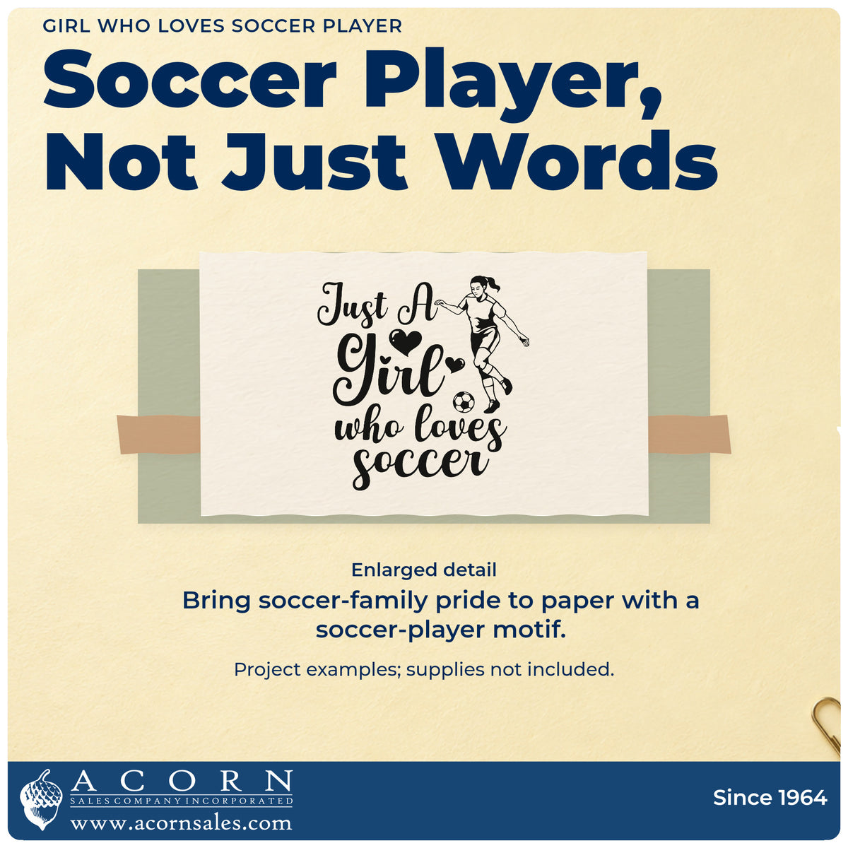 Enlarged detail of the Slim Pre-Inked Girl Who Loves Soccer Player Stamp imprint. An illustrated soccer player and hearts accompany "Just a girl who loves soccer."