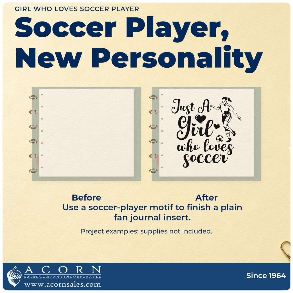 Before and after of a plain item finished with the Girl Who Loves Soccer Player Pre-Inked Stamp – PSI, a quick upgrade for craft fair sign cards.
