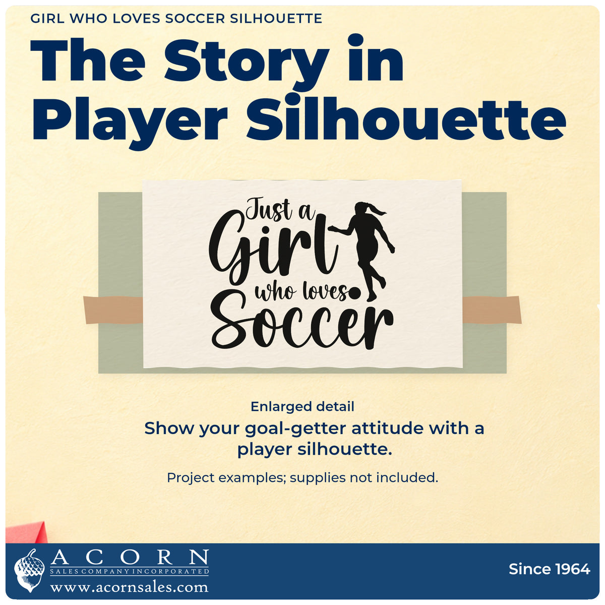 Enlarged detail of the Girl Who Loves Soccer Silhouette Lettering Wood-Mounted Rubber Stamp imprint. A female player silhouette accompanies "Just a girl who loves soccer" in large flowing lettering.