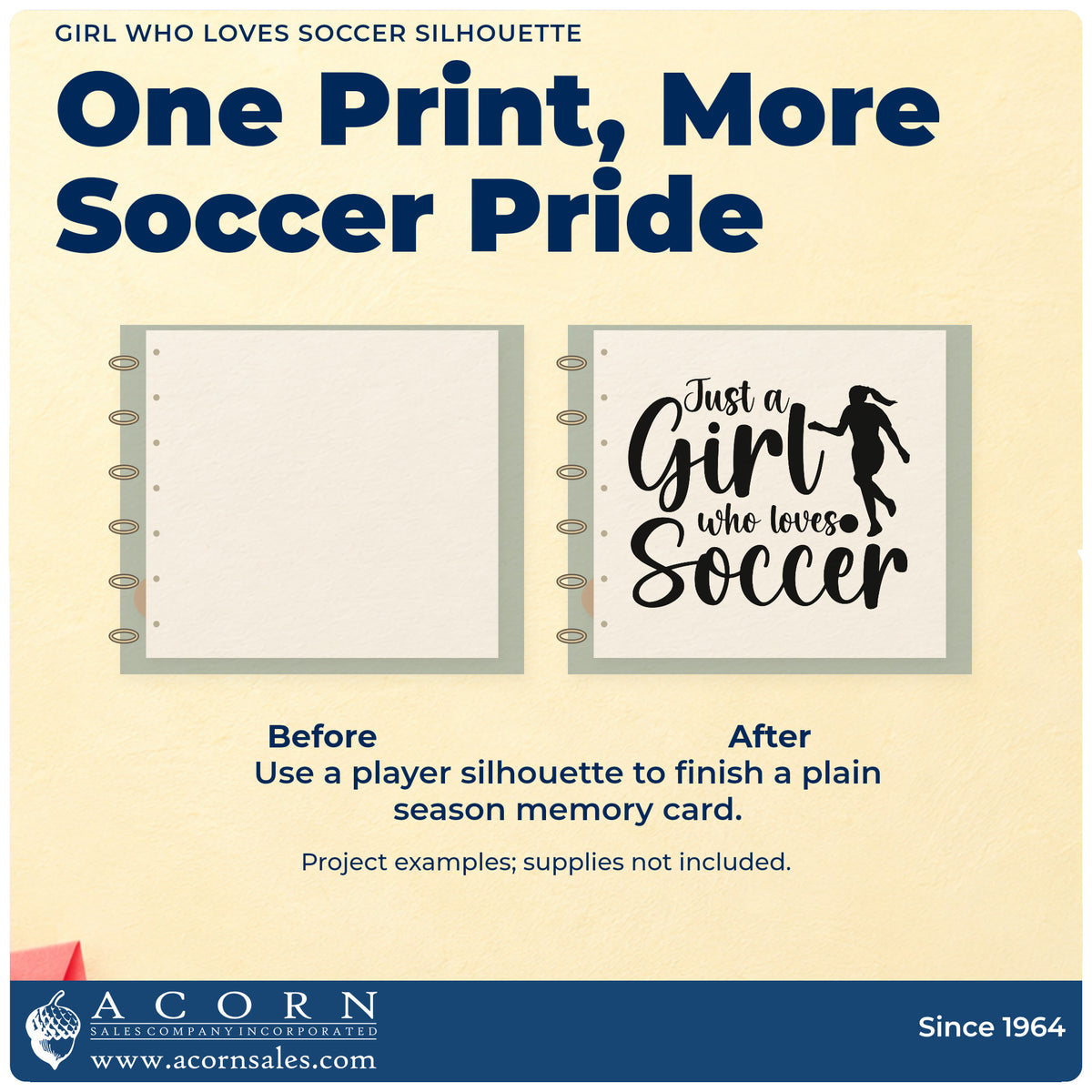 Before and after of a plain item finished with the Girl Who Loves Soccer Silhouette Lettering Wood-Mounted Rubber Stamp, a quick upgrade for water cooler labels.
