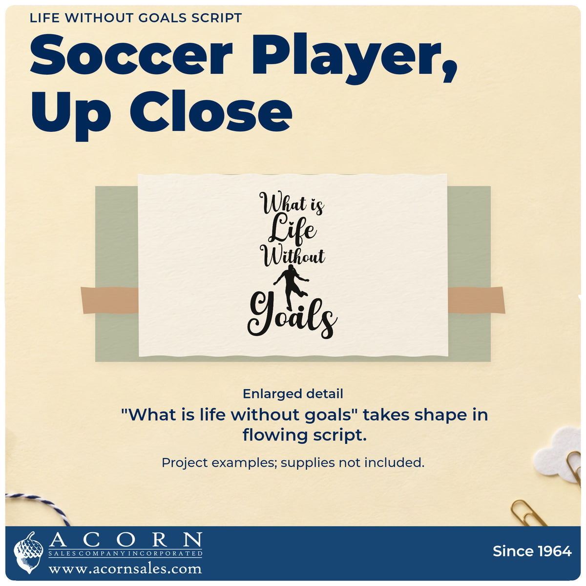 Enlarged detail of the Vintage Pro What Is Life Without Goals Premium Wooden Stamp imprint. A soccer player silhouette appears within "What is life without goals" in flowing script.