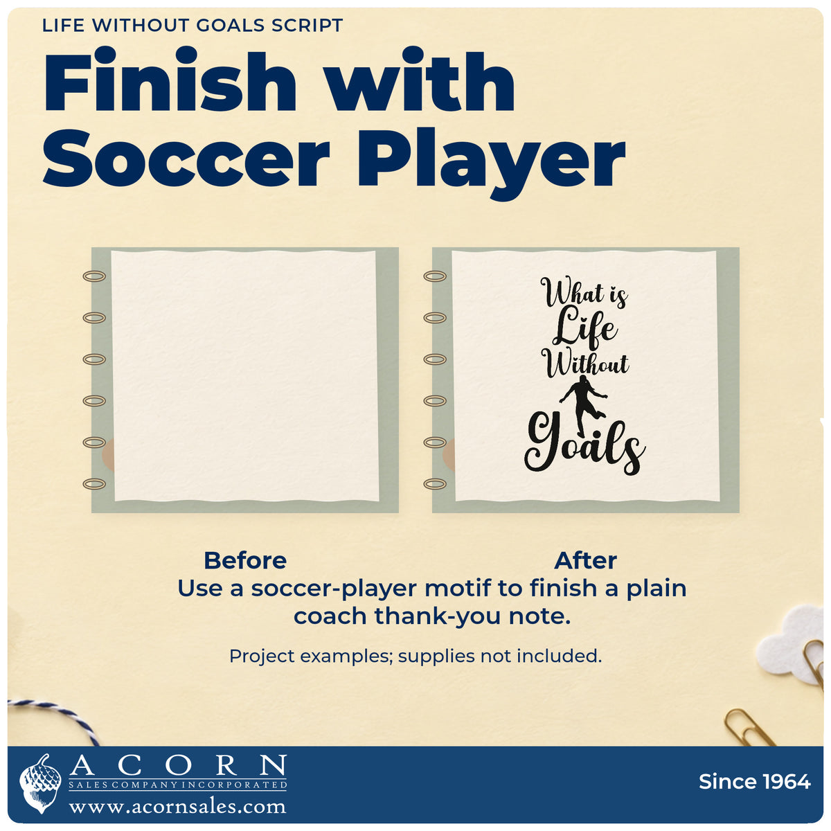 Before and after of a plain item finished with the Vintage Pro What Is Life Without Goals Premium Wooden Stamp, a quick upgrade for sports banquet menus.