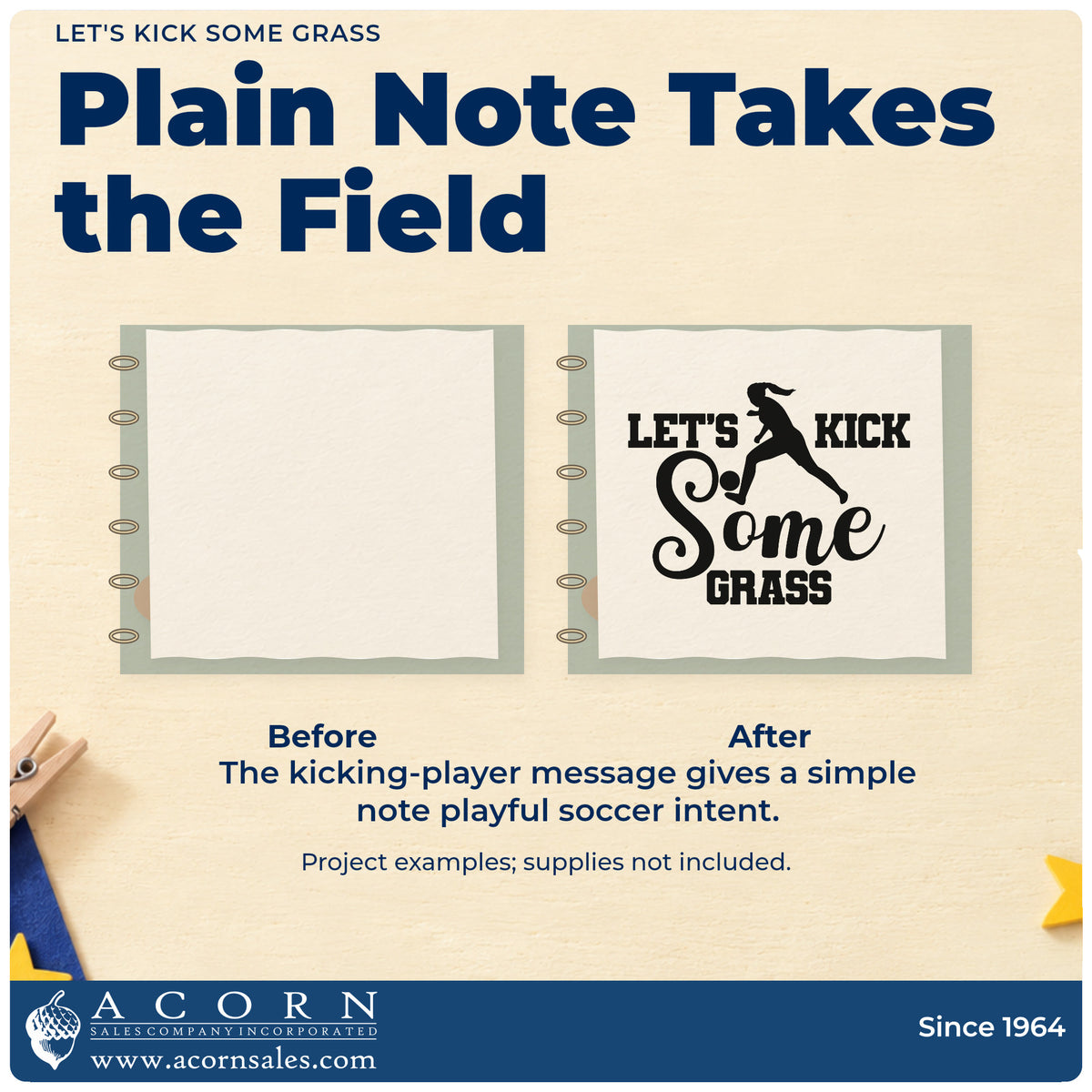 Before and after of a plain item finished with the Let's Kick Some Grass Script Lettering Stamp – Self-Inking, a quick upgrade for tailgate cup bands.