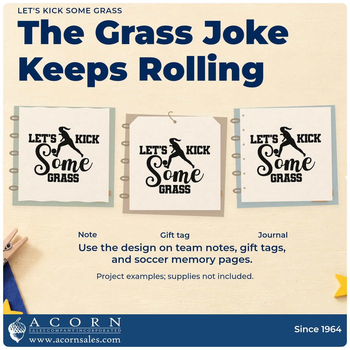 Three project examples made with the Let's Kick Some Grass Script Lettering Pre-Inked Stamp – Slim, including grass seed labels.
